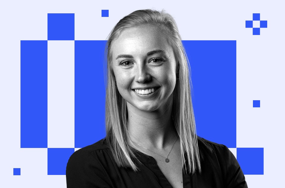 Hannah Eisenhauer on a blue pixelated background