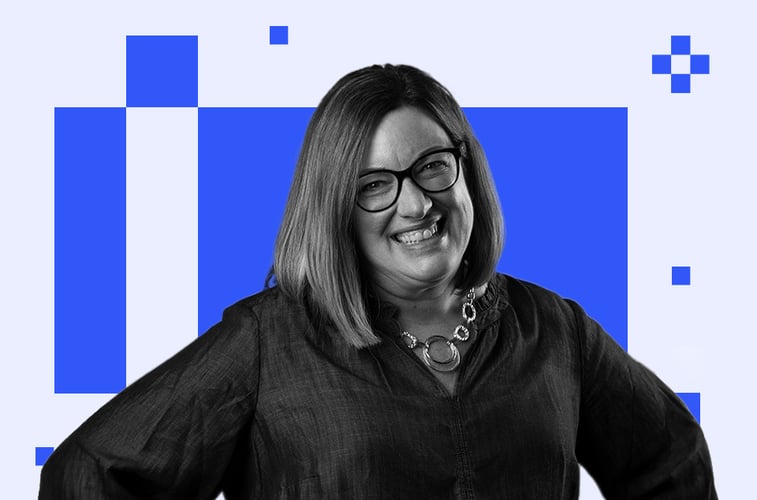 Public Relations Director at Luxid, Michelle Crawley on a blue pixelated background