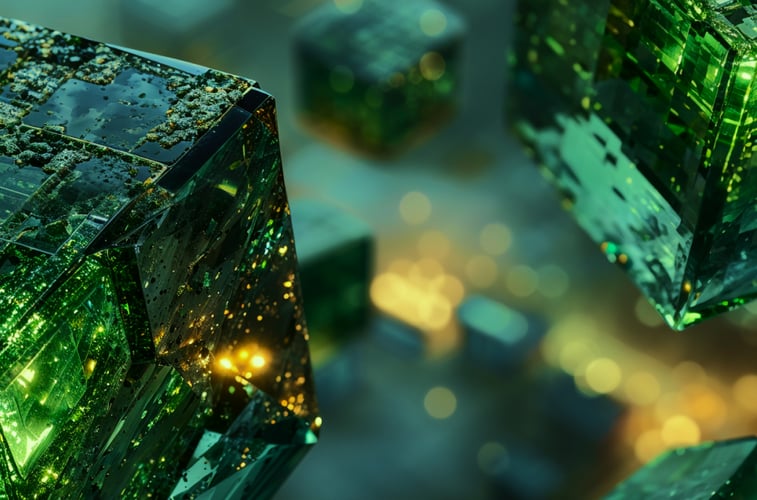 Abstract close-up of green glass-like cubes with glowing yellow light reflections, creating a futuristic and digital aesthetic.
