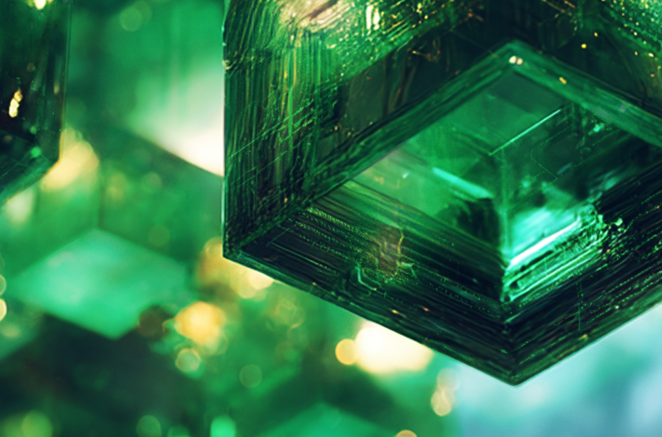 Close-up of illuminated green glass cubes with a geometric, futuristic design, creating a glowing visual effect.