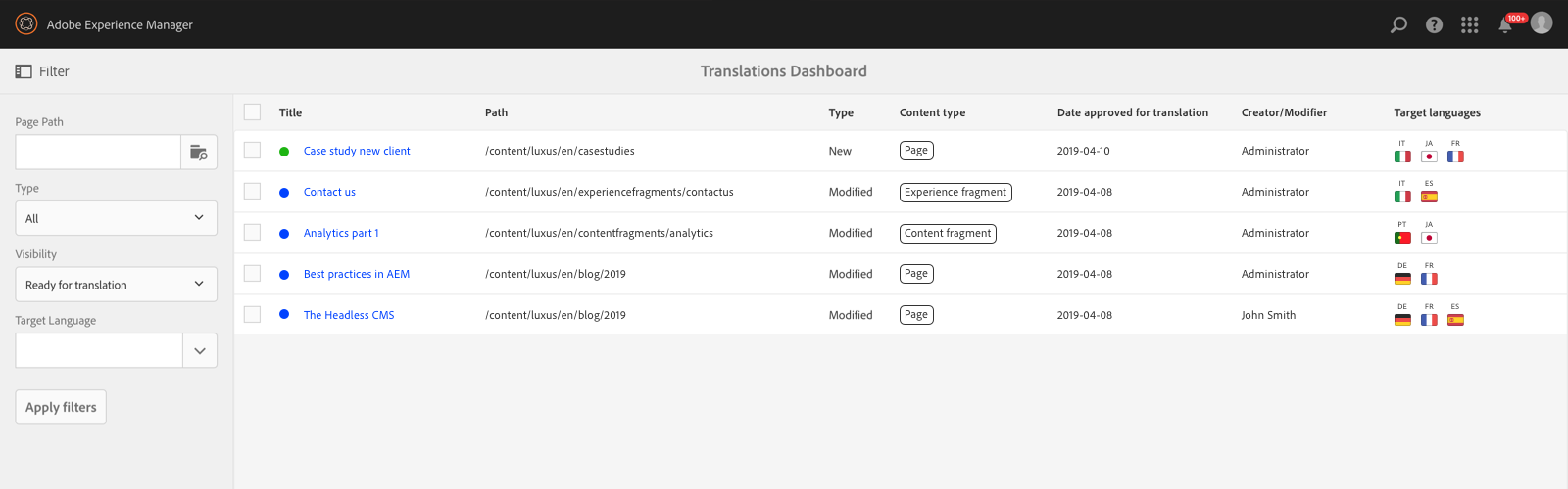 AEM Translations Dashboard