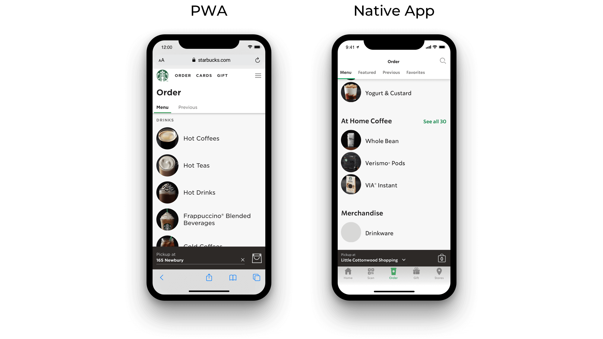 Starbucks progressive web app and Starbucks native app