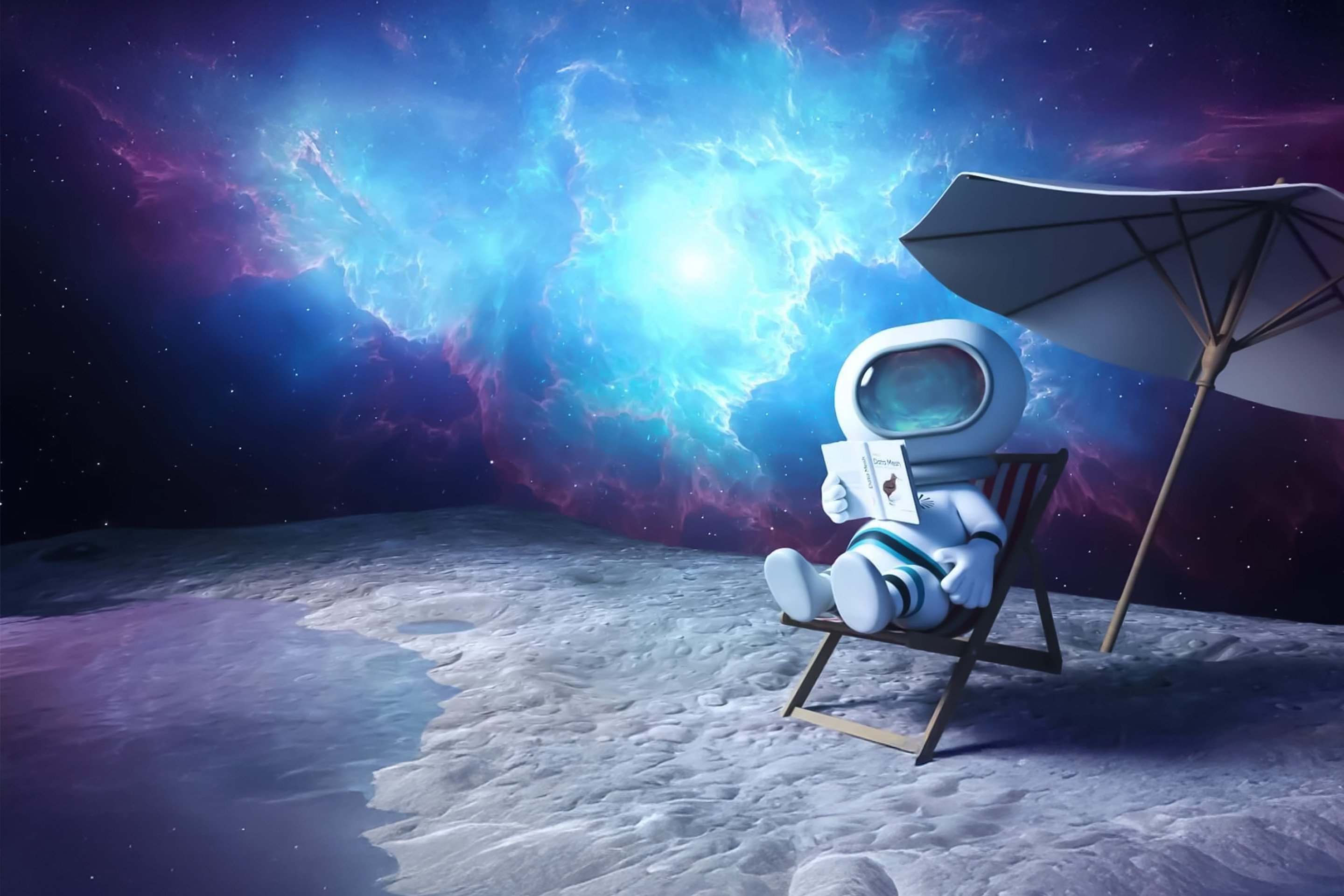 A cartoon astronaut sitting on a deck chair on the moon, reading a book, with a vibrant cosmic background of deep blue and purple nebulae in outer space.