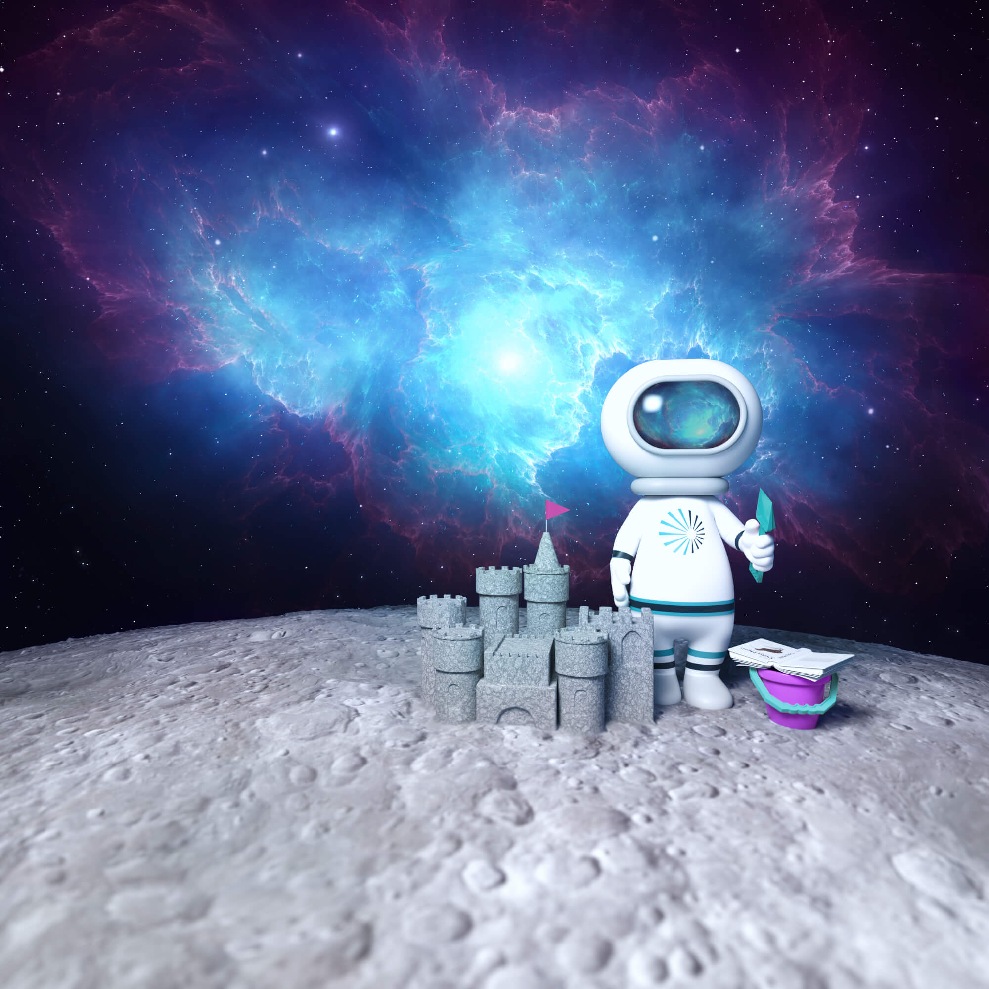 Starburst 3d illustration of astronaut building castle