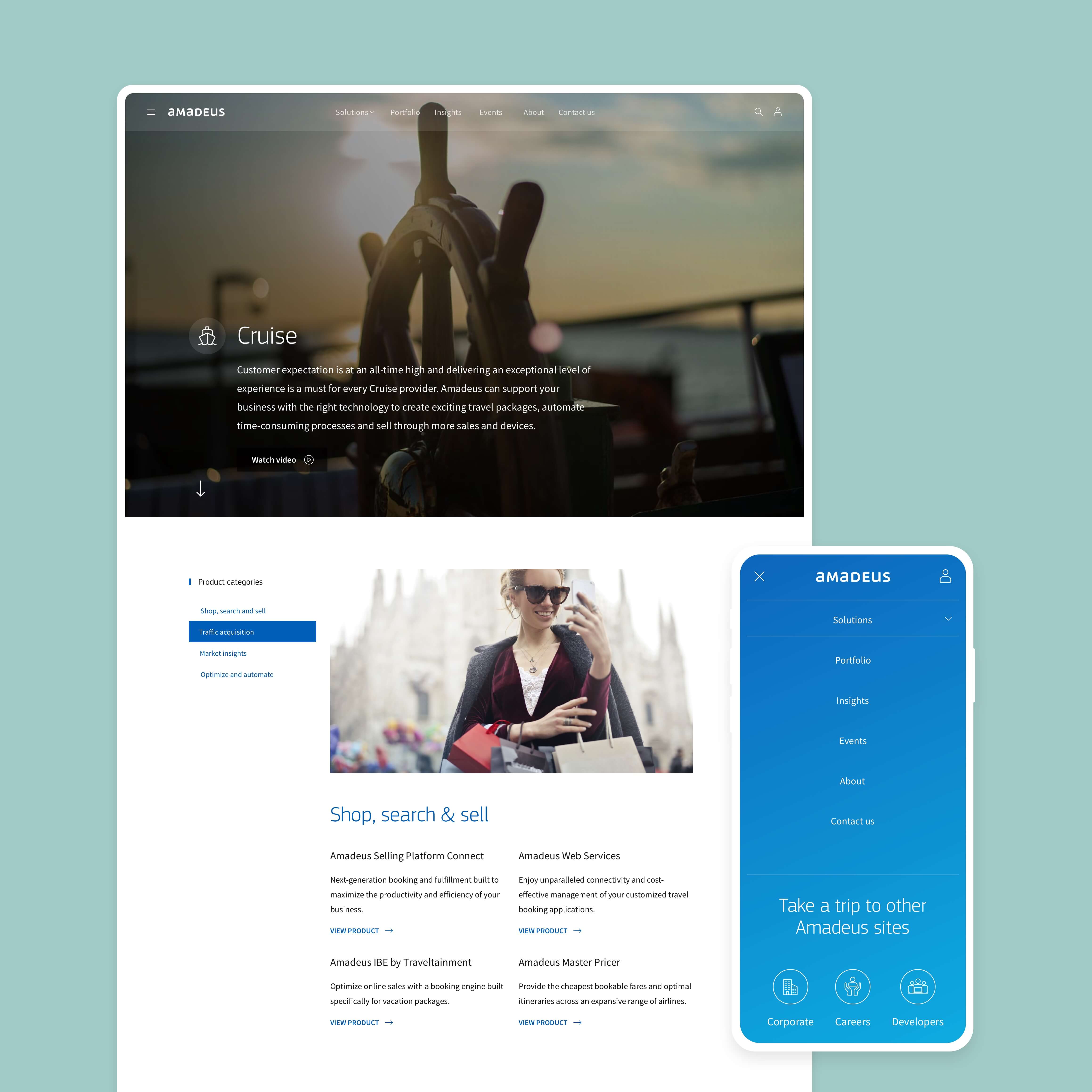 Desktop and mobile screen with amadeus website visual design