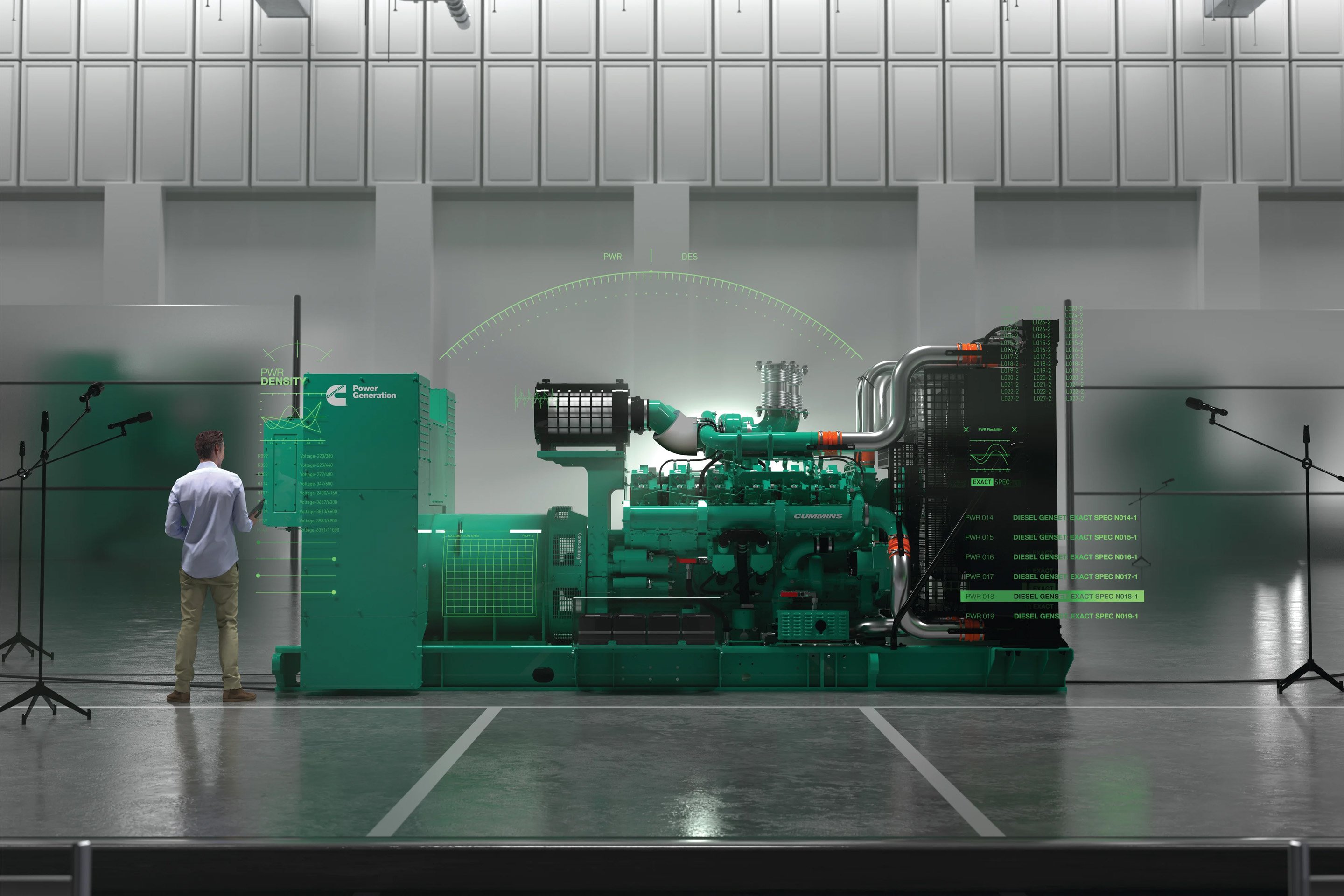 A person standing in front of large green power generation equipment with digital data overlaid, showcasing a modern energy system in a high-tech facility.
