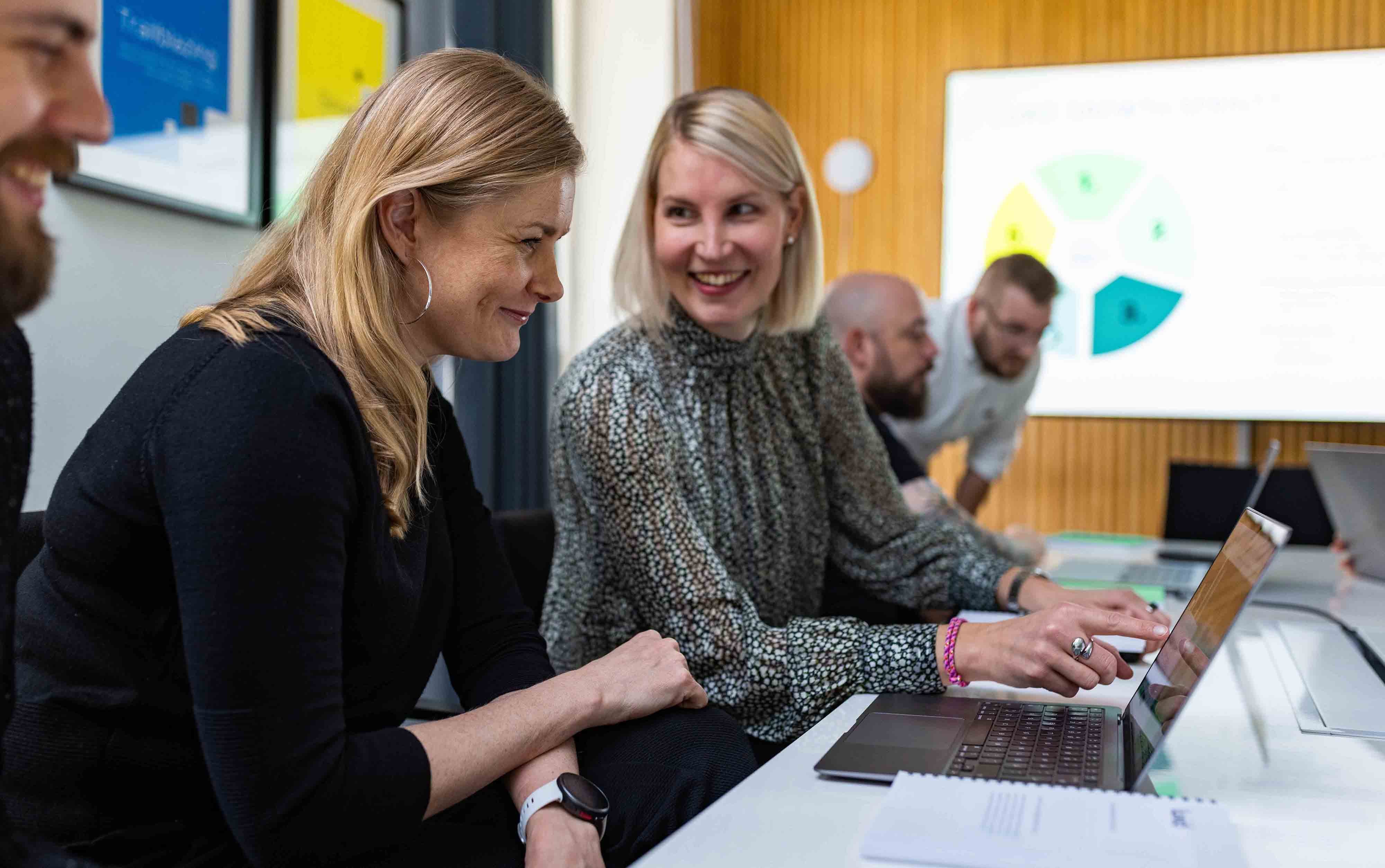 meetings ladies smiling laptop