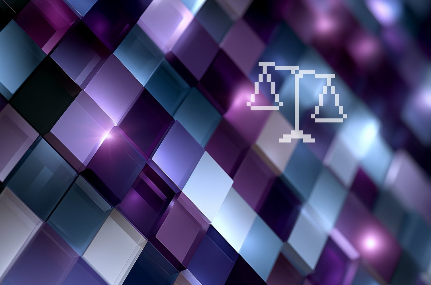 Abstract geometric background with purple and blue 3D cubes and a white scales of justice icon.