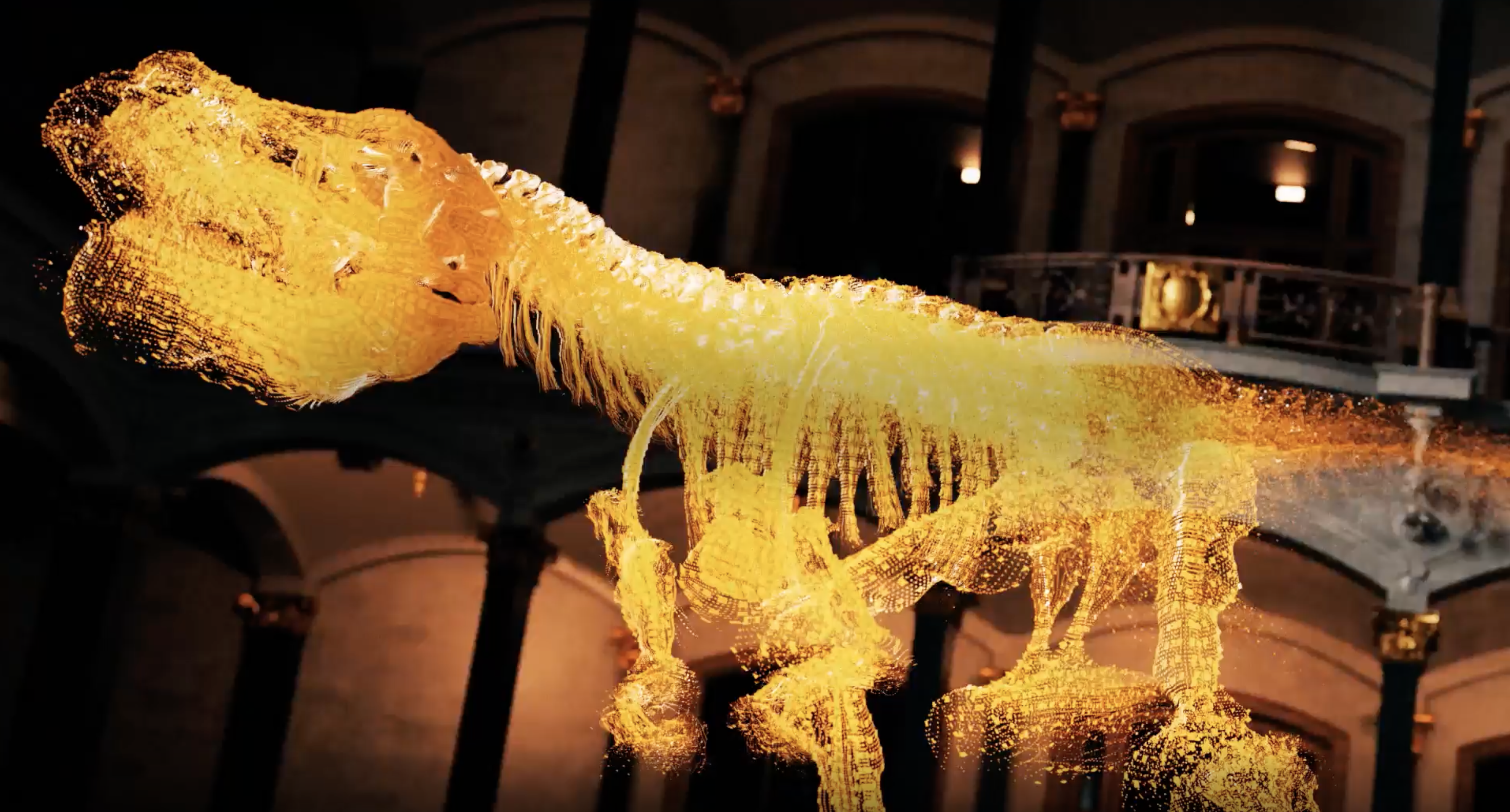 A glowing holographic dinosaur skeleton made of golden particles displayed in a dark museum hall with arched architecture in the background.