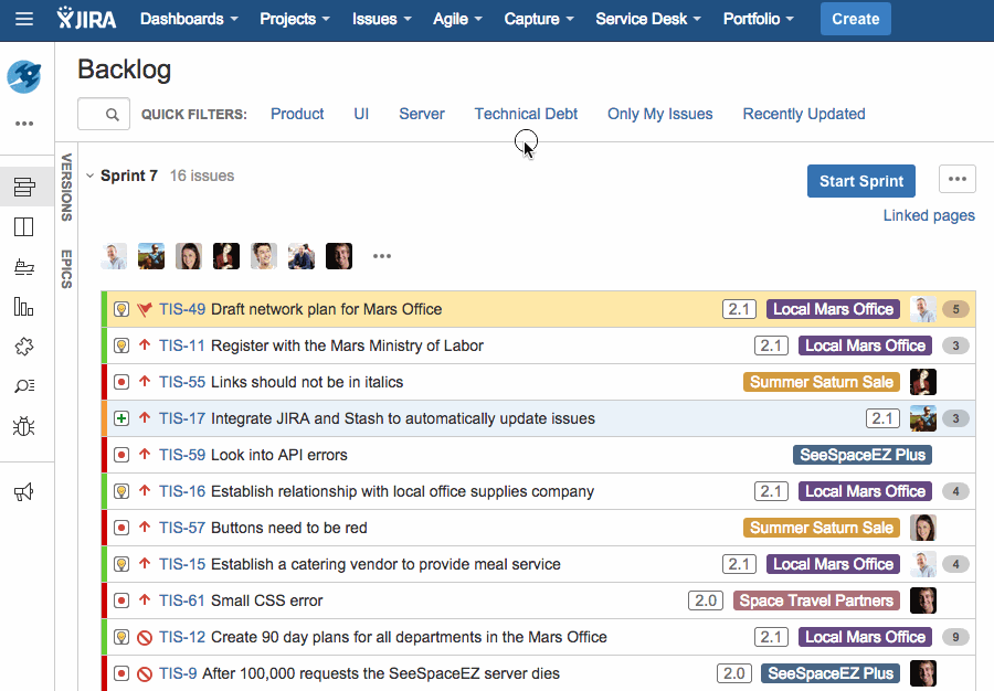 JIRA Agile backlog view with filter