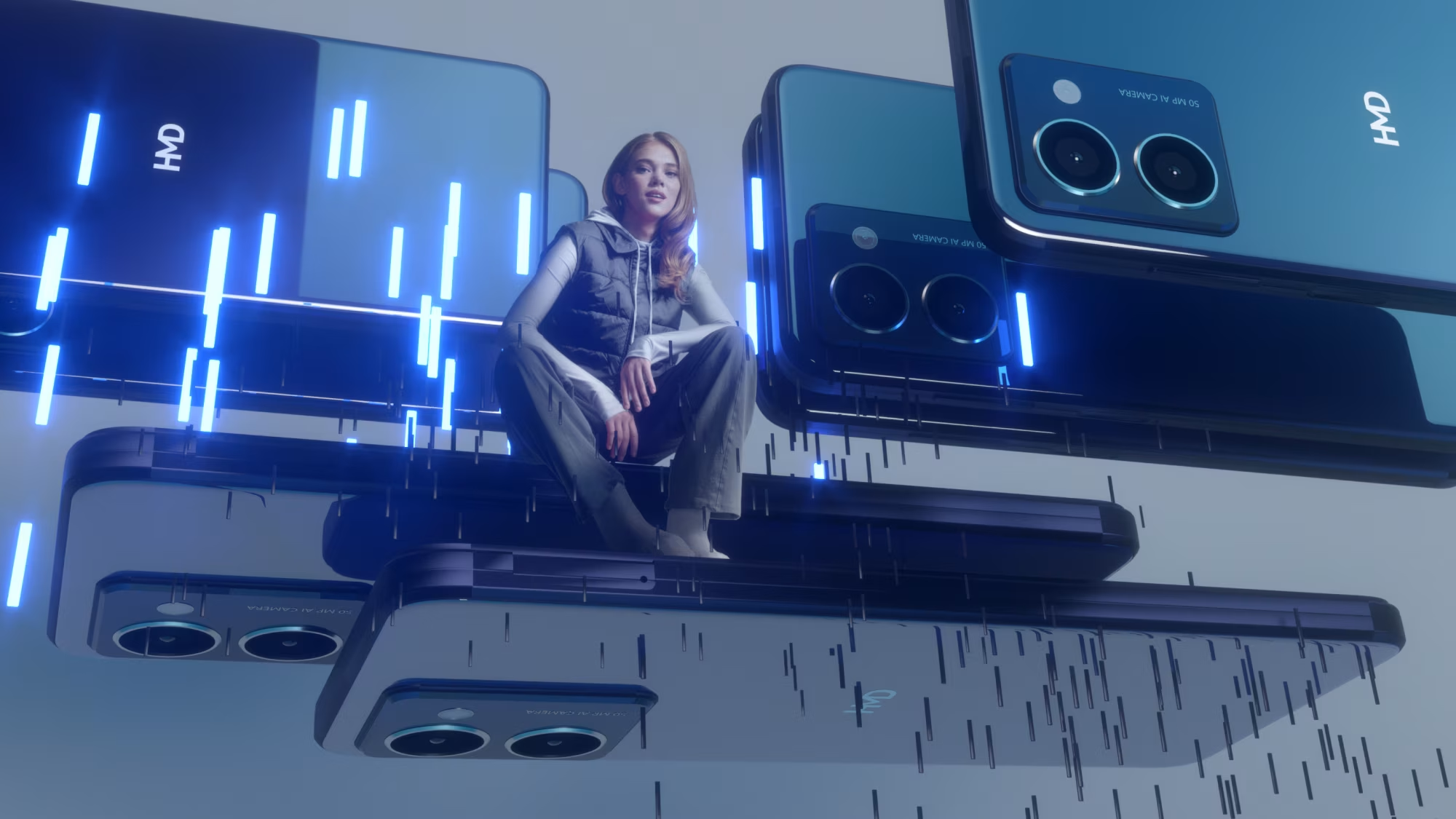 Person sitting on a floating platform surrounded by futuristic digital devices with blue light accents