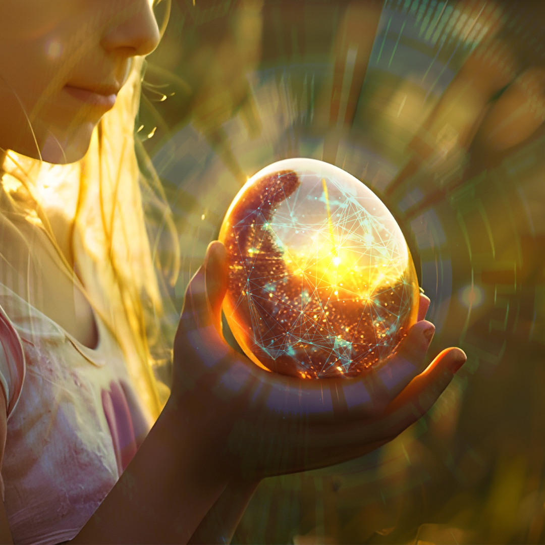 A girl holding a glowing, magical orb with bright golden light and fiery patterns inside, casting a radiant glow on her face and hands in a dreamy, sunlit setting.