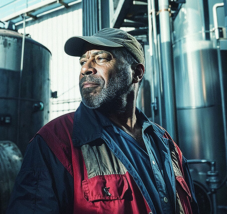 A man wearing a cap and workwear, looking thoughtfully at industrial machinery in a factory setting, with bright lighting reflecting off the metal surfaces.