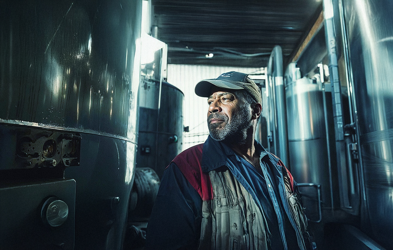 A man wearing a cap and workwear, looking thoughtfully at industrial machinery in a factory setting, with bright lighting reflecting off the metal surfaces.